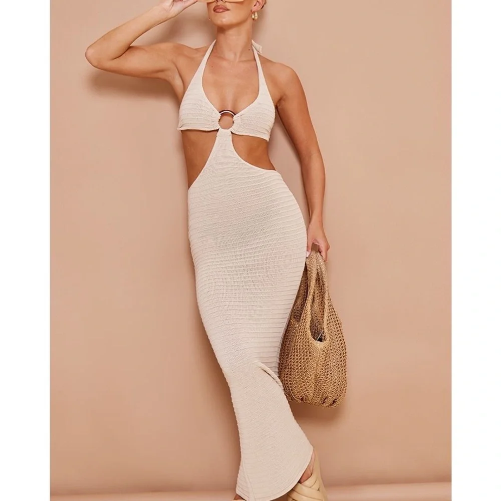 PrettyLittleThing Cream Halter Maxi Dress - Picture 1 of 5